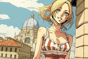 bellissimo anime manga ragazza nel pisa pendente Torre cittadina Italia illustrazione generativo ai foto