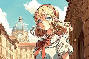 bellissimo anime manga ragazza nel Firenze Italia illustrazione generativo ai foto