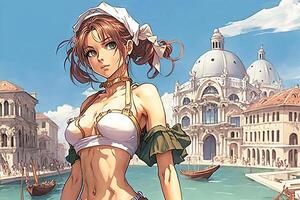 bellissimo anime manga ragazza nel Venezia Italia illustrazione generativo ai foto