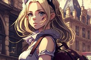 bellissimo anime manga ragazza nel Londra illustrazione generativo ai foto