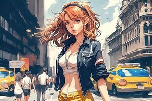 bellissimo anime manga ragazza nel nuovo York città illustrazione generativo ai foto