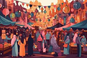 colorato Ramadan kareem bazar, con fornitori vendita qualunque cosa a partire dal tradizionale tessile per fatto a mano mestieri e dolci, manga stile illustrazione generativo ai foto