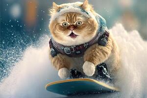 carino gatto snowboard su bianca neve illustrazione generativo ai foto