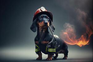 bassotto cane nel un' vigile del fuoco completo da uomo e attrezzatura illustrazione generativo ai foto