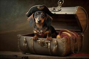 bassotto cane pirata nel un' Tesoro il petto illustrazione generativo ai foto