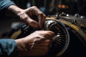 aereo Manutenzione tecnico Lavorando su turbina illustrazione generativo ai foto