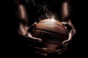 dettaglio di pallacanestro giocatore mani Tenere palla nel energia illustrazione generativo ai foto