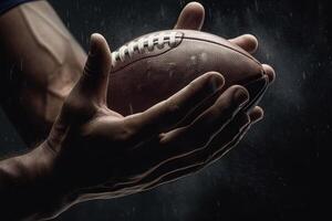 energia dettaglio di americano calcio su giocatore mani sportivo nel azione. attraente il palla illustrazione generativo ai foto