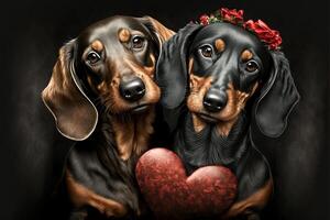 coppia amore di bassotto cani con poco cuore per San Valentino giorno generativo ai foto