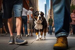 cane a piedi con umano nel il città illustrazione generativo ai foto