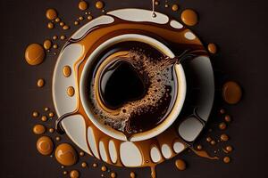 gocce di caffè spruzzi nel un' tazza superiore Visualizza illustrazione generativo ai foto