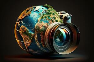 mondo fotografia giorno terra globo nel modulo di telecamera illustrazione generativo ai foto