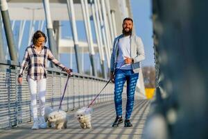 un' coppia a piedi loro cani foto