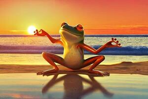 rana praticante yoga su il spiaggia a tramonto illustrazione generativo ai foto