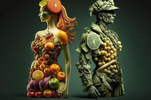 umano forma verdura creativo dieta cibo salutare mangiare concetto foto di umano fatto di fresco frutta e verdure illustrazione generativo ai