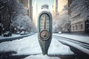 congelato termometro all'aperto nel America, Stati Uniti d'America orario invernale nel il neve su gelido giorno illustrazione generativo ai foto