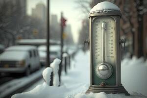 congelato termometro all'aperto nel America, Stati Uniti d'America orario invernale nel il neve su gelido giorno illustrazione generativo ai foto