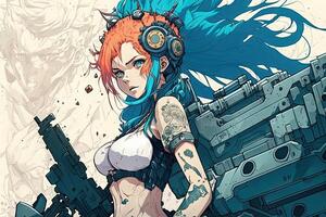 ragazza nel gonna con blu capelli e un' futuristico pistola, manga stile bella manga ragazza illustrazione generativo ai foto