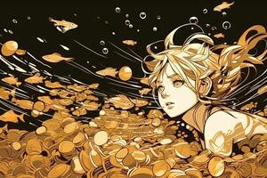 ragazza nuoto nel un' mare fatto su di oro monete, bella anime manga personaggio illustrazione generativo ai foto