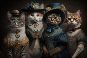 gatti animali vestito nel vittoriano era capi di abbigliamento illustrazione generativo ai foto