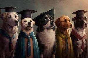 cani in piedi nel un' linea, indossare la laurea caps e abiti, con un' orgoglioso Guarda su loro facce illustrazione generativo ai foto