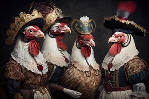 polli e galli animali vestito nel vittoriano era capi di abbigliamento illustrazione generativo ai foto