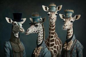 giraffa animali vestito nel vittoriano era capi di abbigliamento illustrazione generativo ai foto