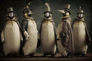 imperatore pinguino animali vestito nel vittoriano era capi di abbigliamento illustrazione generativo ai foto