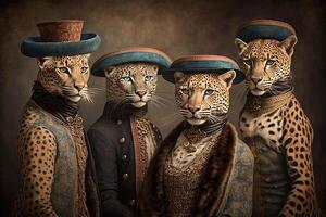leopardo animali vestito nel vittoriano era capi di abbigliamento illustrazione generativo ai foto