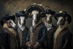 martinetti capra animali vestito nel vittoriano era capi di abbigliamento illustrazione generativo ai foto