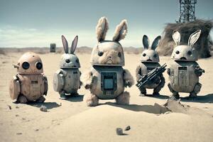 gruppo di robot vestito nel coniglietto costumi Pasqua illustrazione generativo ai foto