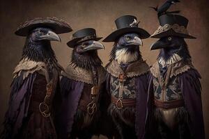 corvi animali vestito nel vittoriano era capi di abbigliamento illustrazione generativo ai foto