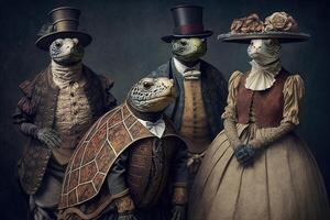 tartarughe animali vestito nel vittoriano era capi di abbigliamento illustrazione generativo ai foto