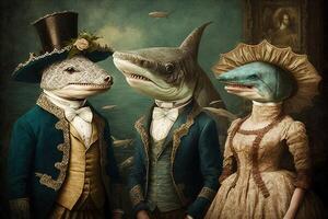 squalo animali vestito nel vittoriano era capi di abbigliamento illustrazione generativo ai foto