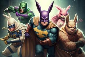 gruppo di supereroi indossare Pasqua coniglietto costumi Pasqua illustrazione generativo ai foto