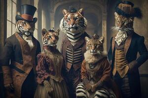 tigre animali vestito nel vittoriano era capi di abbigliamento illustrazione generativo ai foto