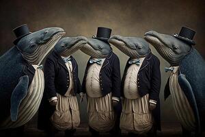 balene animali vestito nel vittoriano era capi di abbigliamento illustrazione generativo ai foto