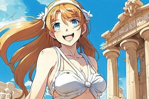 bellissimo anime manga ragazza nel Atene Grecia illustrazione generativo ai foto