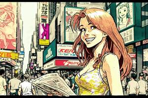 bellissimo anime manga ragazza nel nuovo York città volte piazza illustrazione generativo ai foto