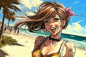 bellissimo anime manga ragazza nel los angeles Malibu spiaggia illustrazione generativo ai foto