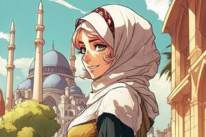 bellissimo anime manga ragazza nel Istanbul illustrazione generativo ai foto