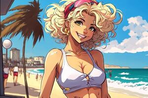 bellissimo anime manga ragazza nel los angeles Malibu spiaggia illustrazione generativo ai foto