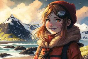 bellissimo anime manga ragazza nel Islanda illustrazione generativo ai foto