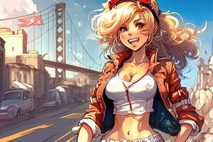 bellissimo anime manga ragazza nel san Francisco California illustrazione generativo ai foto