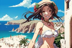 bellissimo anime manga ragazza nel santorini isola Grecia illustrazione generativo ai foto