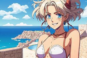 bellissimo anime manga ragazza nel santorini isola Grecia illustrazione generativo ai foto