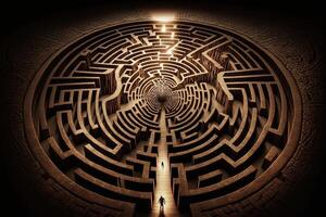 circolare labirinto labirinto, con frecce puntamento in direzione un' obbiettivo o destinazione, simboleggiante il viaggio di vita o personale crescere illustrazione generativo ai foto