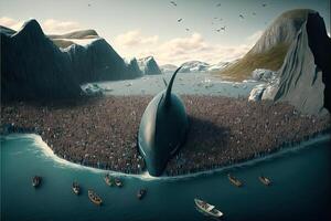 grindadrap faer oer isola caccia alla balena delfino e balena a caccia illustrazione generativo ai foto