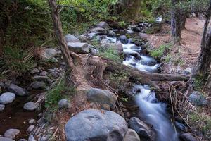 flusso di acqua pura che scorre su un terreno di montagna rocciosa nella foresta di kakopetria a troodos cipro foto