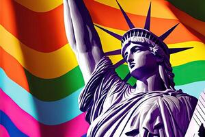 statua di libertà nel il arcobaleno colori. LGBTQ Comunità sostenitori per tolleranza in direzione Genere, sessualità e identità illustrazione generativo ai foto